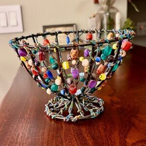Handmade Wire Bowl/Art Glass Bead Basket - Boho Home Decor